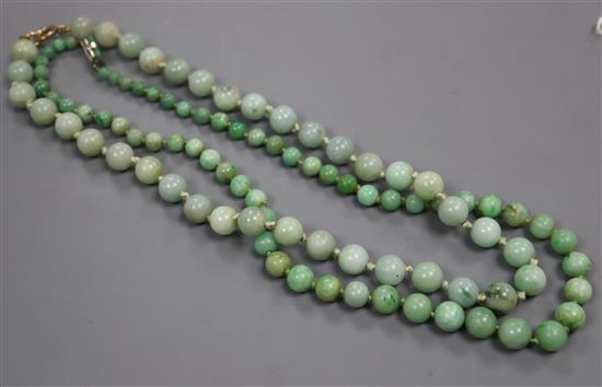 Two jadeite bead necklaces, largest 45cm.